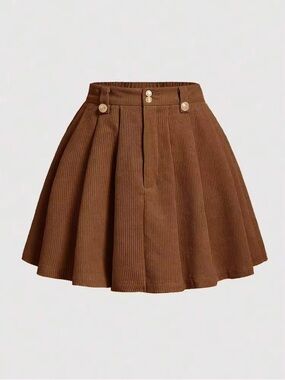 *SOLD OUT*SHEIN Brown Corduroy Pleated Skater Mini Skirt with Decorative Buttons